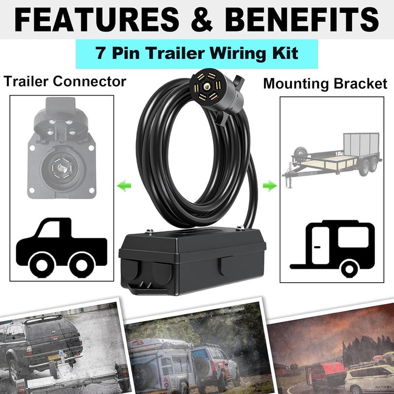 CXTM 7 Pin Trailer Wiring Harness Kit 4 Feet, 7 Gang Waterproof Junction Box with Heavy Duty 7 Way Trailer Cord Pigtail, Double Prongs Connector Inline Cable for RV Standard (4ft) - Image 2